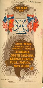 cover of promotional brochure "Map of the Plant System 5094 miles reaching most important points in Alabama, South Carolina, George, Florida, Cuba, Jamaica, Nova Scotia", American, British, Spanish, and Plant System flags at top, palm fronds at bottom