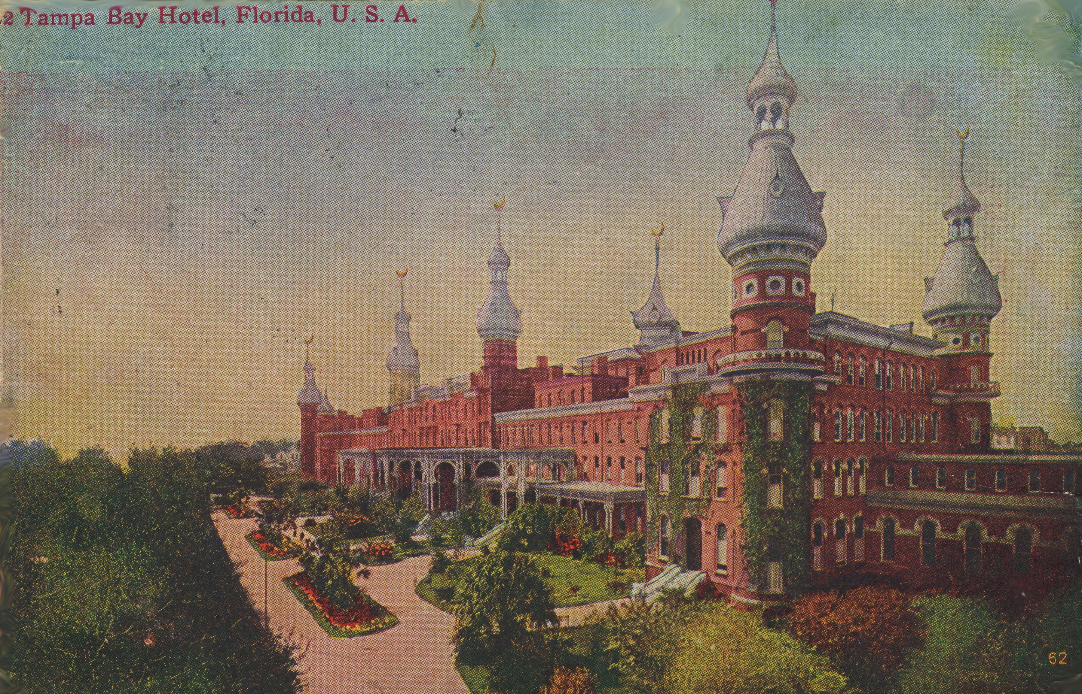 Long view of ornate Hotel, topped with minarets