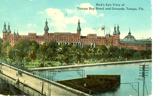 Historic postcard showing the Tampa Bay Hotel. River in foreground.