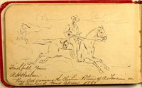 Album page with full sketch and R.H. Haslam's signature. Sketch takes entire page and shows man riding horse with rifle down a path, mounted rider in distance. Text reads "Faithfully yours RH Haslam Pony Bob caring the Election Returns of A. Lincoln on the overland Pony Express 1860"