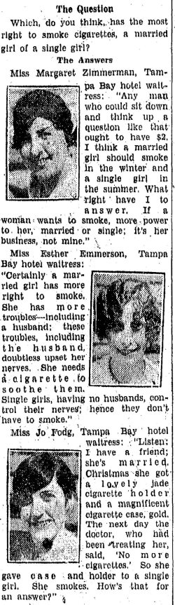Newspaper article from 1928 asking young ladies “Which do you think has the most right to smoke cigarettes, a married girl or a single girl?” three ladies answered, shows each portrait.