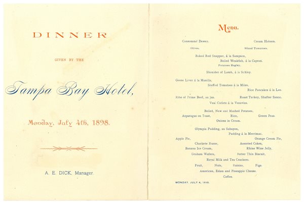 Dinner Menu Card from TBH Monday July 4th 1898