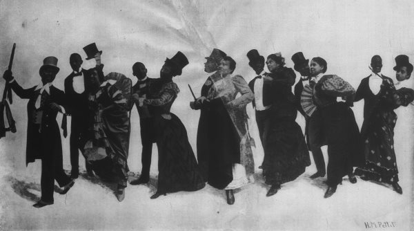formally dressed dark skinned couples, men with top hats and ladies with fans, theatrically dancing in a line.