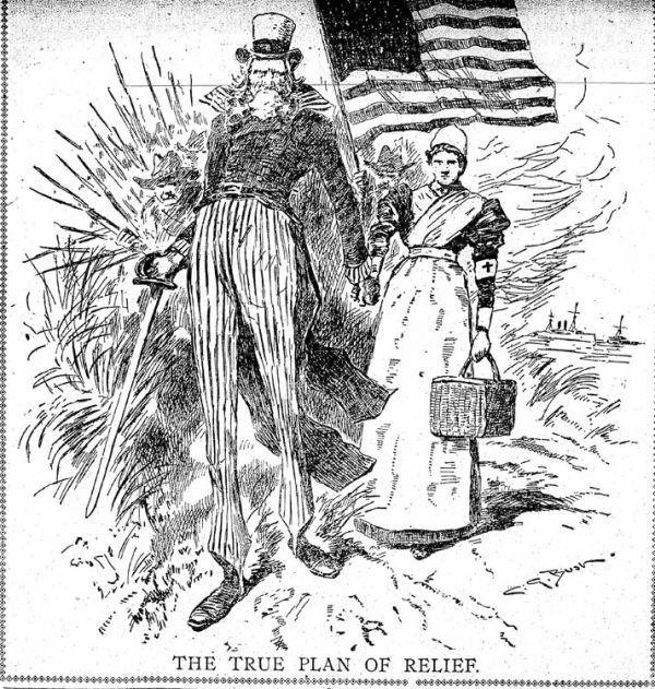 Cartoon of Uncle Sam leading red cross nurse thru Cuban jungle. Captioned "The True Plan of Relief"