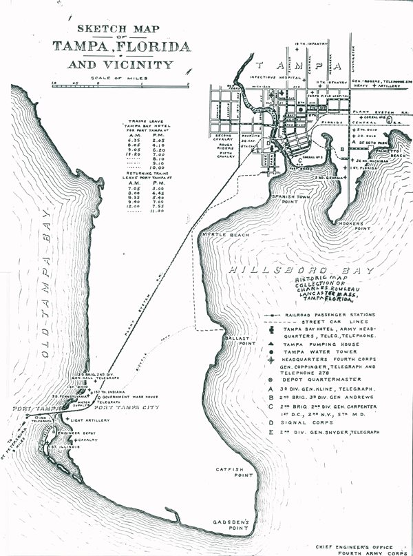 Sketch map of Tampa with Plant System rail line from downtown to Port Tampa City