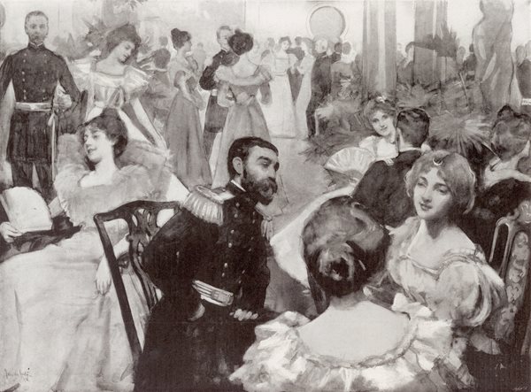 Illustration of social gathering. Soldiers entertaining ladies at the Tampa Bay Hotel