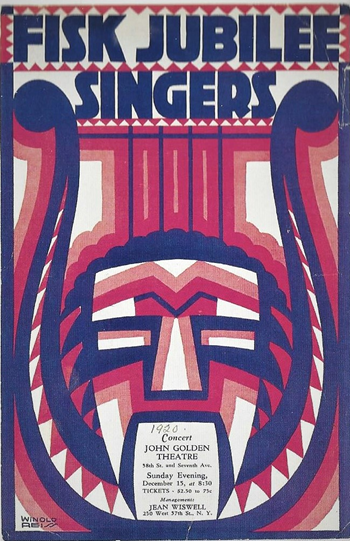 poster titled "Fisk Jubilee Singers" stylized harp with face
