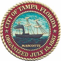 round seal with board reading "City of Tampa, Florida, organized July 15, 1887" interior has 3-masted sailing ship Mascot