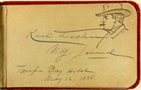 Album page with Karl Decker's signature. Page includes profile sketch of man in hat, smoking. Text reads "Karl Decker N. Y. Journal Tampa Bay Hotel May 12, 1898."