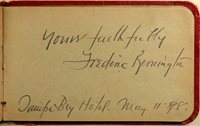 Album page with Frederic Remington's signature. Reads "Yours faithfully Frederic Remington Tampa Bay Hotel May 11' 98" The nine is written over an accidental eight.