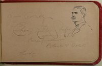Album page with Charles Mills Sheldon's signature and sketch. Page reads "Cordially yours Charles Mills Sheldon Correspondent Black + White London" and the sketch is in the upper right corner, of a man with a mustache and short hair.