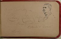 Album page with Charles Mills Sheldon's signature and sketch. Page reads "Cordially yours Charles Mills Sheldon Correspondent Black + White London" and the sketch is in the upper right corner, of a man with a mustache and short hair.