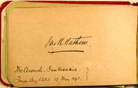 Album page with signature of John Rathom. Page reads "Jno R Rathom The Chronicle. San "Fransisco" Tampa Bay Hotel 12 May 1898. The writing and spelling of Fransico is indistinct, but Rathom worked for the San Fransisco Chronicle at the time.