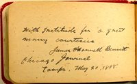 Album page with James O'Donnell Bennett's signature. Page reads "With gratitude for a great many courtesies James O'Donnell Bennett Chicago Journal Tampa, May 20, 1898"