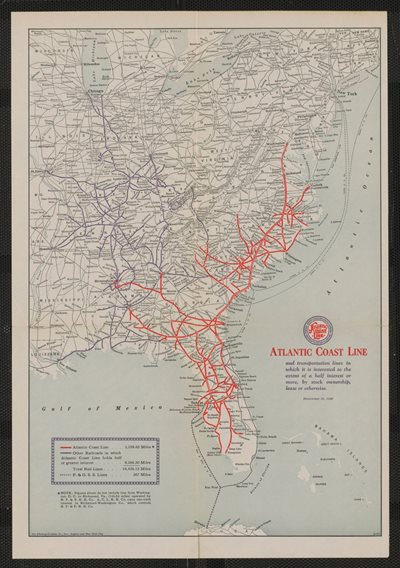 map showing eastern half of United States, railways highlighted