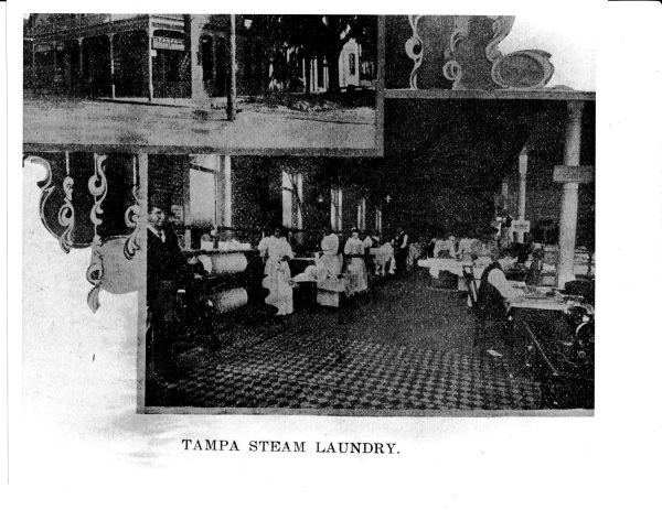 collage of photos showing large steam laundry with many women working in it.