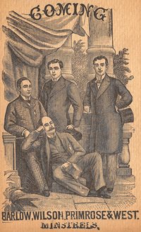 hand drawn image of four men in formal attire, "Barlow, Primrose, Wilson & West Minstrels" on bottom