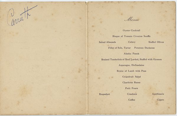dinner menu card from TBH in honor of C.W. Fairbanks, Vice President of the United States by his friends of the City of Tampa