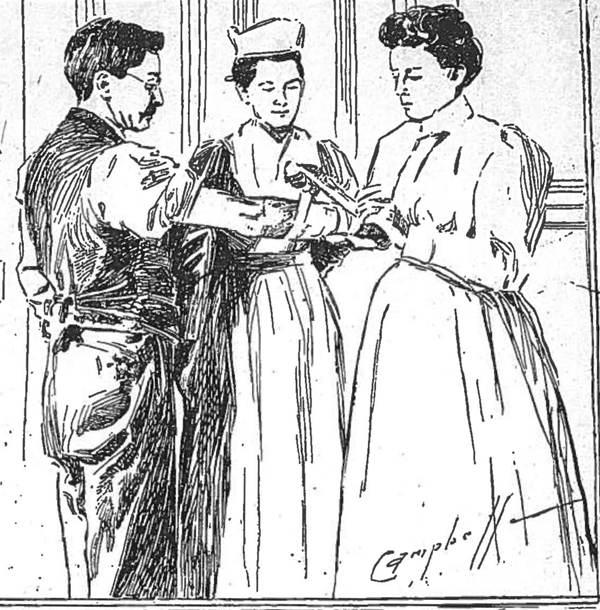 Illustration of two nurses wrapping man's arm in bandage