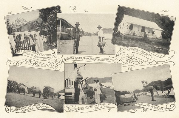 Six images: Red Cross Nurse in yard of fever hospital; two discharged soldiers standing in street; small white Red Cross hospital; horse-drawn Red Cross ambulance unloading soldiers; Two men entering hospital from street; field of tents housing soldiers.