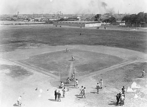 Batting practice on baseball diamond on Plant Field
