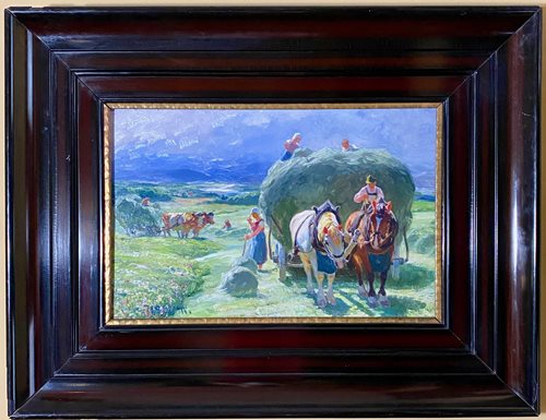 framed painting showing a horse-drawn cart pulling a very large load of hay. lovely, calm scene with bright colors in a lush landscape.