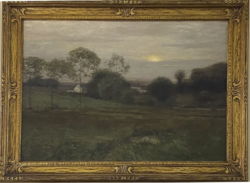 painting in elaborate frame, hazy sun rising over fields and forest