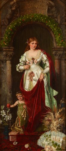 tall, wide panel with beautiful girl in long dress and cape holding a flower. she stands under an archway covered with greenery, a small child peeks out from behind her and holds an apple