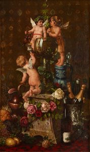 tall, wide panel with cherubs drinking wine, numerous goblets and wine bottles