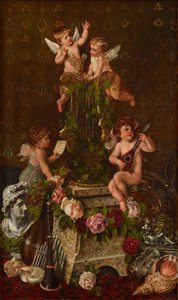 tall, wide panel with cherubs playing instruments and singing. one plays a stringed instrument, another reads from a music book